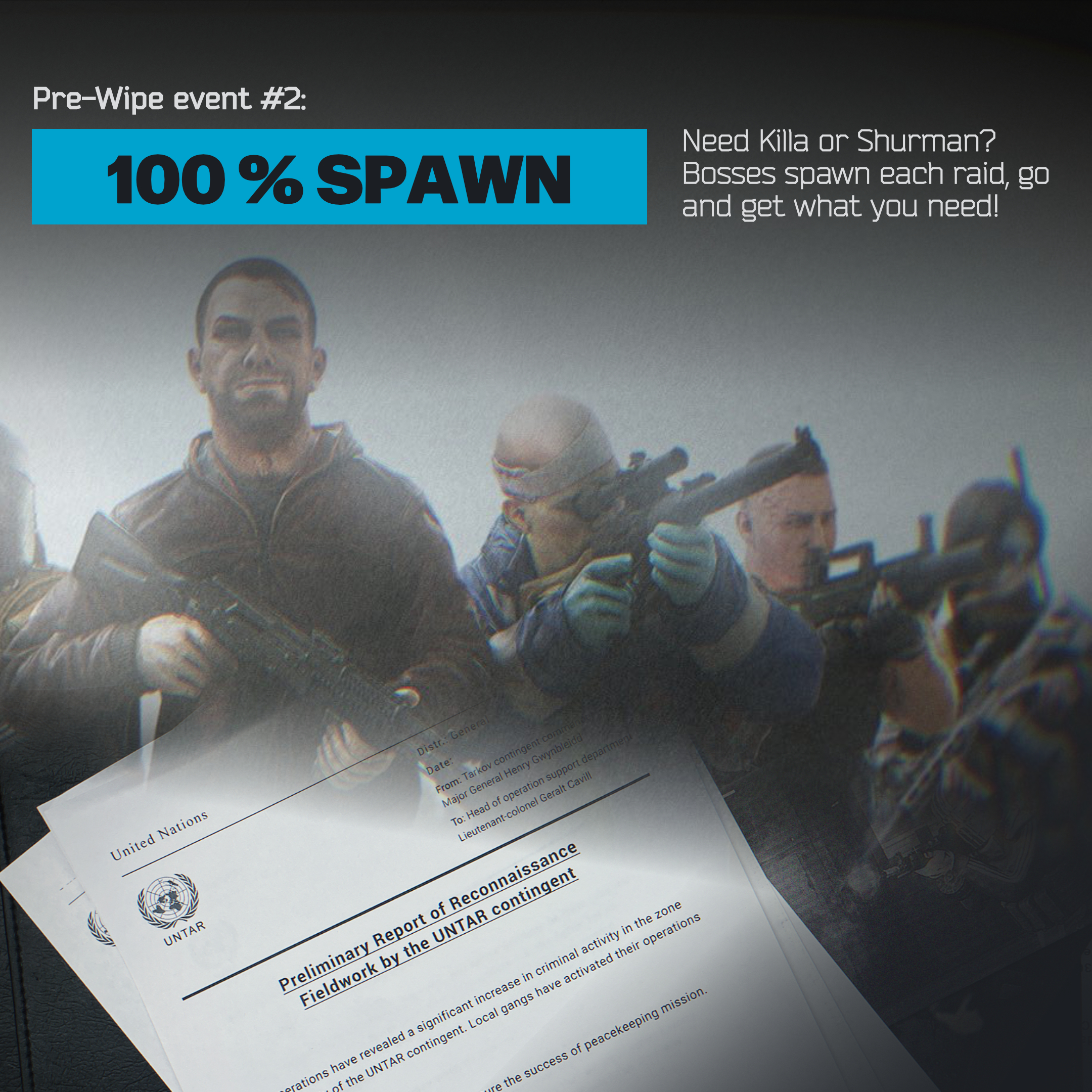 The image shows all bosses in Escape from Tarkov and a cryptic UNTAR letter. The title says "100 % spawn".