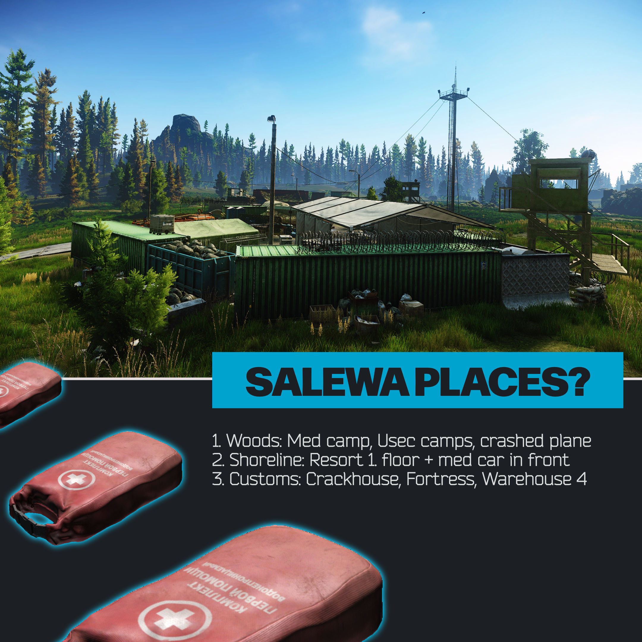 The image shows the med camp on Woods in Tarkov, and a few Salewas. The title says "Salewa Places?" and contains a bullet point list of the best spots: Woods, Shoreline, and Customs.