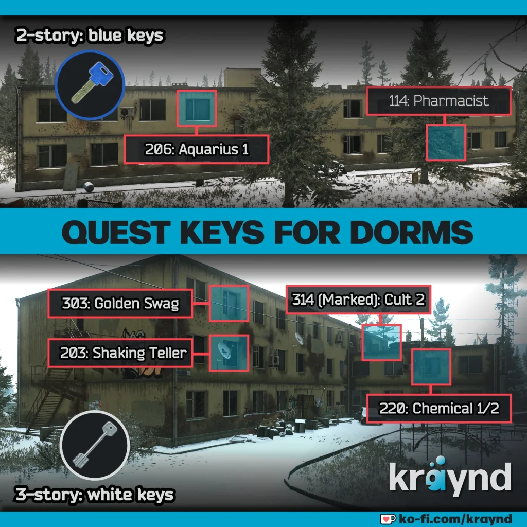Escape from Tarkov: two images of dorms, with marked keys and quest rooms.