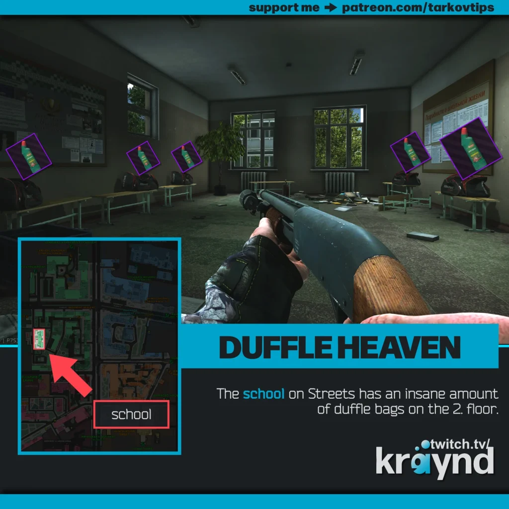 Escape from Tarkov: The school building on Streets with several duffle bags