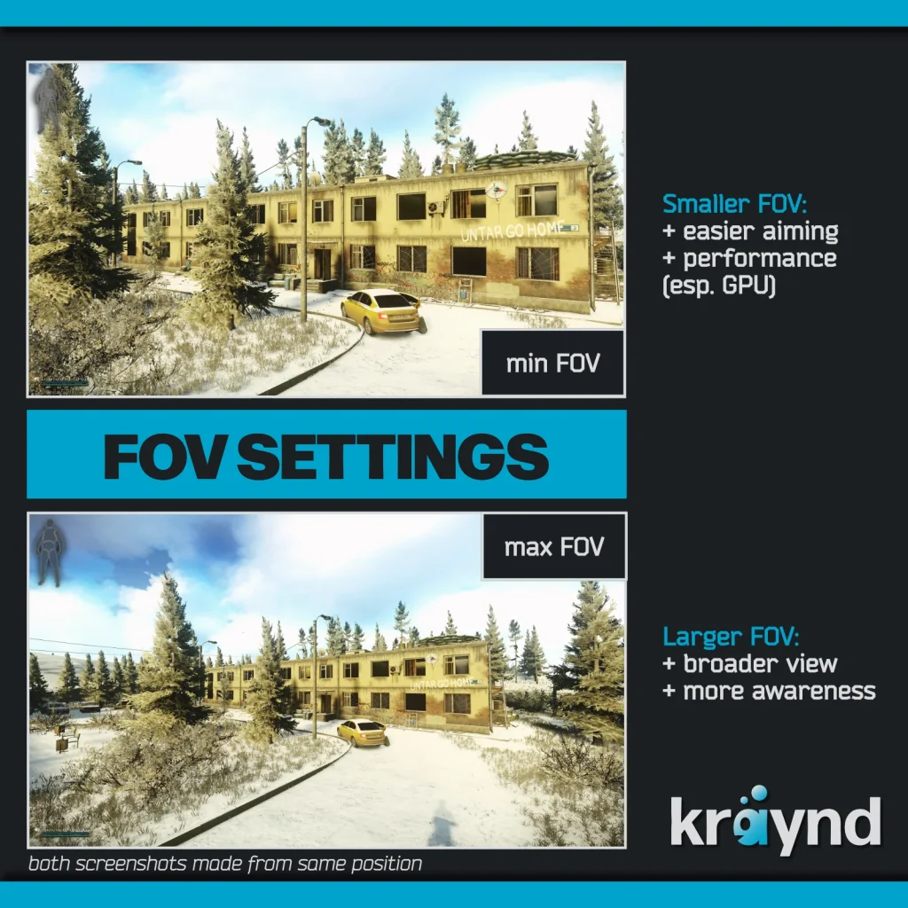 Escape from Tarkov: two images of Dorms with different FoV settings.