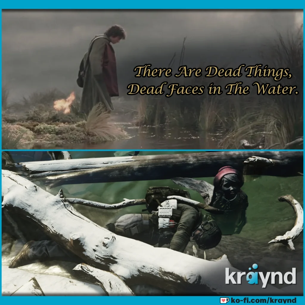Tarkov Meme: Frodo looking into dark waters, and a pmc swimming there
